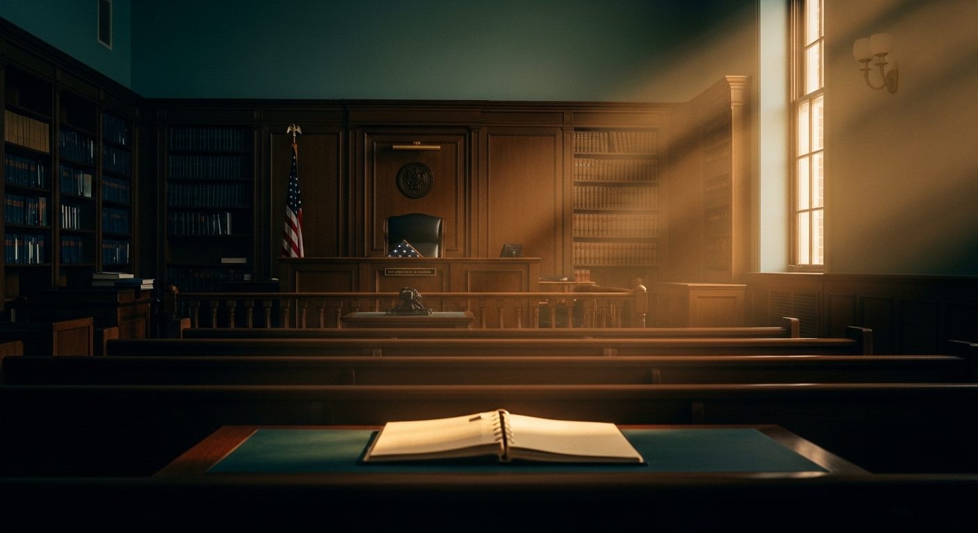 An editorial photograph of an empty appellate courtroom interior at golden hour, with bound legal volumes lining the walls, an empty judge's bench, and a single beam of warm amber light falling on an open case file on the lawyer's table — a visual metaphor for the systematic appellate-record analysis that produced Sharples, Harman & Lorandos's direction-of-abuse findings.