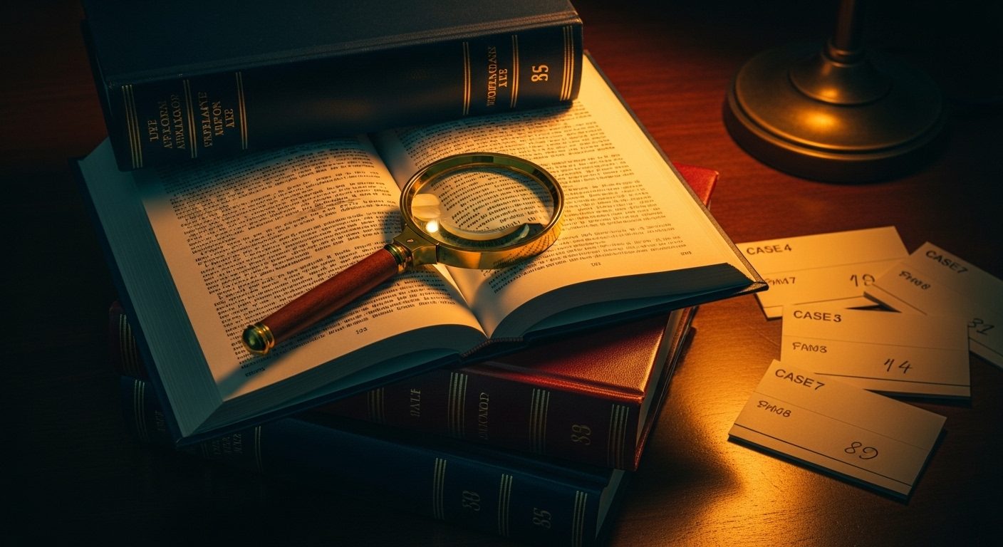 An editorial photograph of a stack of bound legal opinion volumes on a wooden desk in warm amber lamplight, with a forensic-style magnifying glass resting on an open page — a visual metaphor for the systematic appellate-record analysis at the heart of Sharples, Harman & Lorandos's 2025 direction-of-abuse study.