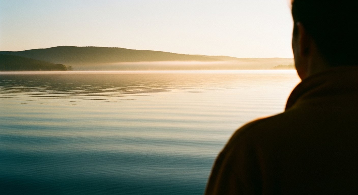 An adult figure photographed from behind at dawn, standing at a still lake looking toward a misty distant shoreline — a visual metaphor for carrying the lasting impact of childhood parental alienation into adulthood, the subject of Verhaar, Matthewson & Bentley's 2022 qualitative study.