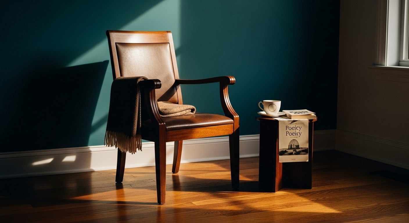 An editorial photograph of a single empty antique therapy armchair beside a small side table holding a half-finished cup of tea and a worn paperback book of poetry. Soft golden-hour light streams through tall windows behind, casting long warm rays across the room. The chair has a folded blanket draped over one arm. The wood floor reflects amber tones; the walls fall to deep teal in shadow. The composition conveys quiet introspection — the long, patient work of an adult processing childhood trauma in a clinical setting.