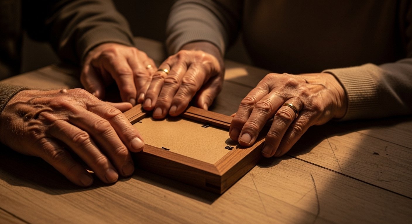 An editorial close-up photograph of an elderly couple's weathered hands holding a small wooden picture frame face-down on a kitchen table in soft amber golden-hour light — a visual marker for the grandparent grief that runs alongside parental alienation, the choice to keep the photograph turned downward because looking at it hurts.
