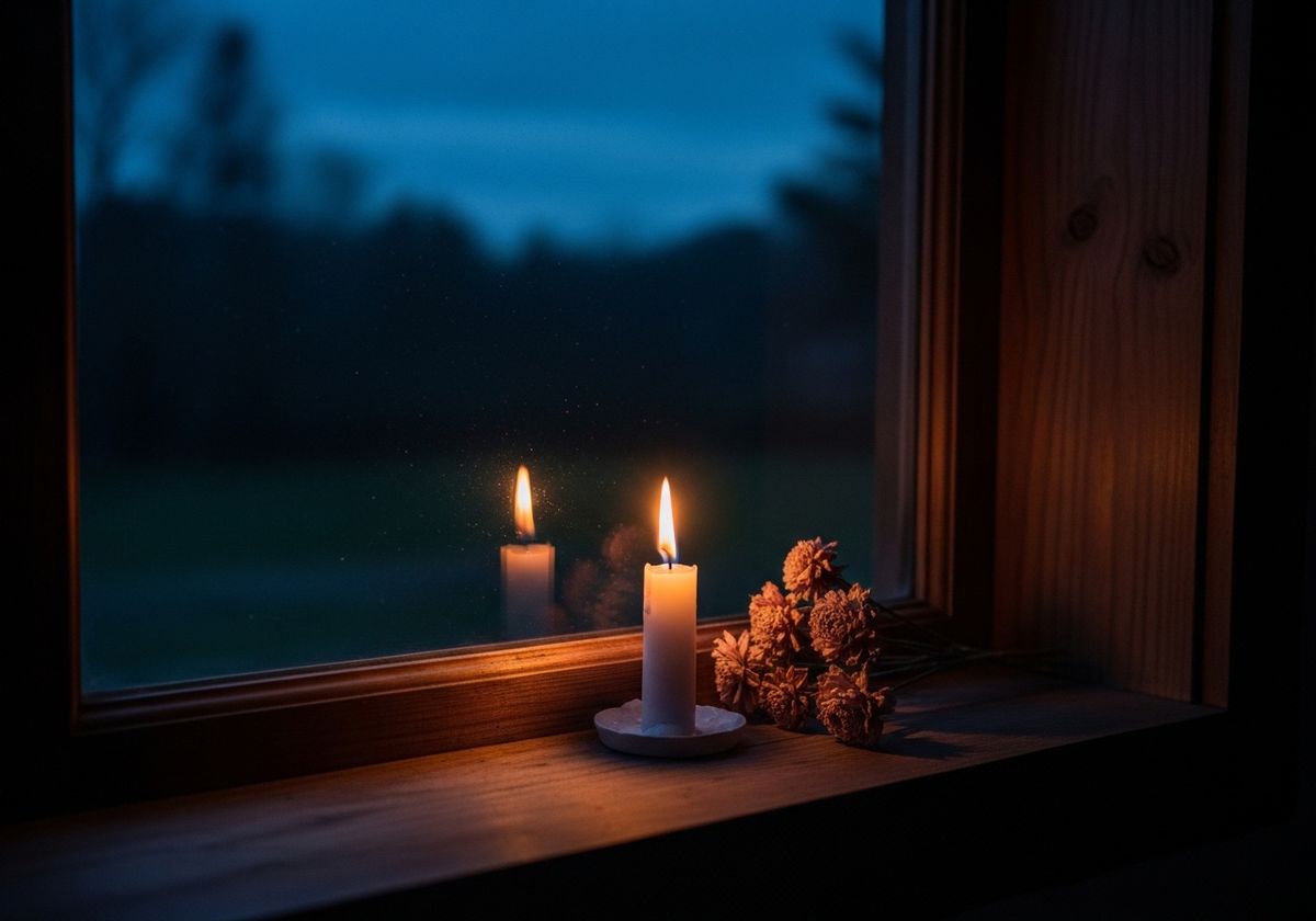 A single lit candle on a windowsill at dusk, its flame reflected in the dark glass beside a few dried flowers — a visual image of the grief and depression parental alienation brings, and the small light a targeted parent keeps burning through it.