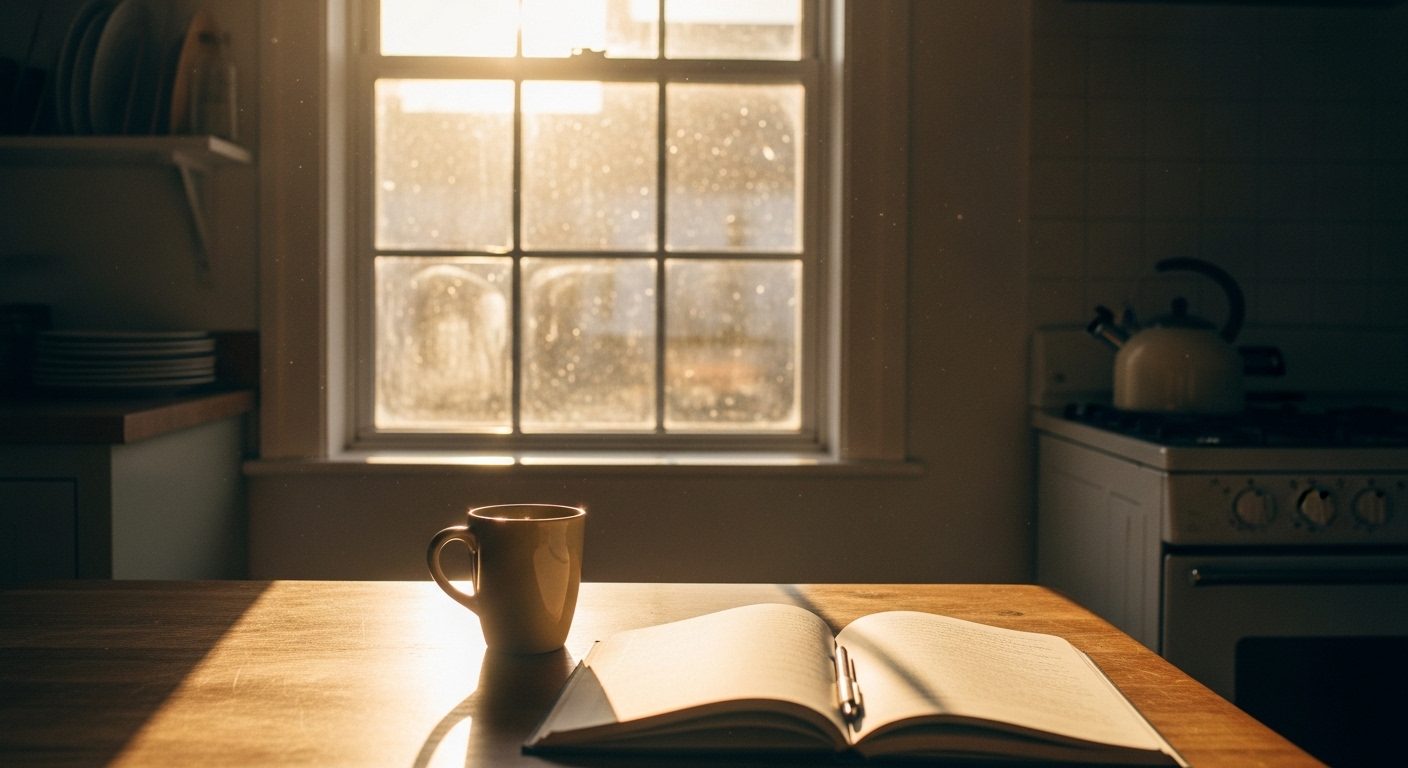 Soft first dawn light breaking through a kitchen window over a simple table with a single mug and an open notebook, warm golden rays falling across the room — a quiet editorial image of gentle hope and recovery: a new day beginning after a hard night.