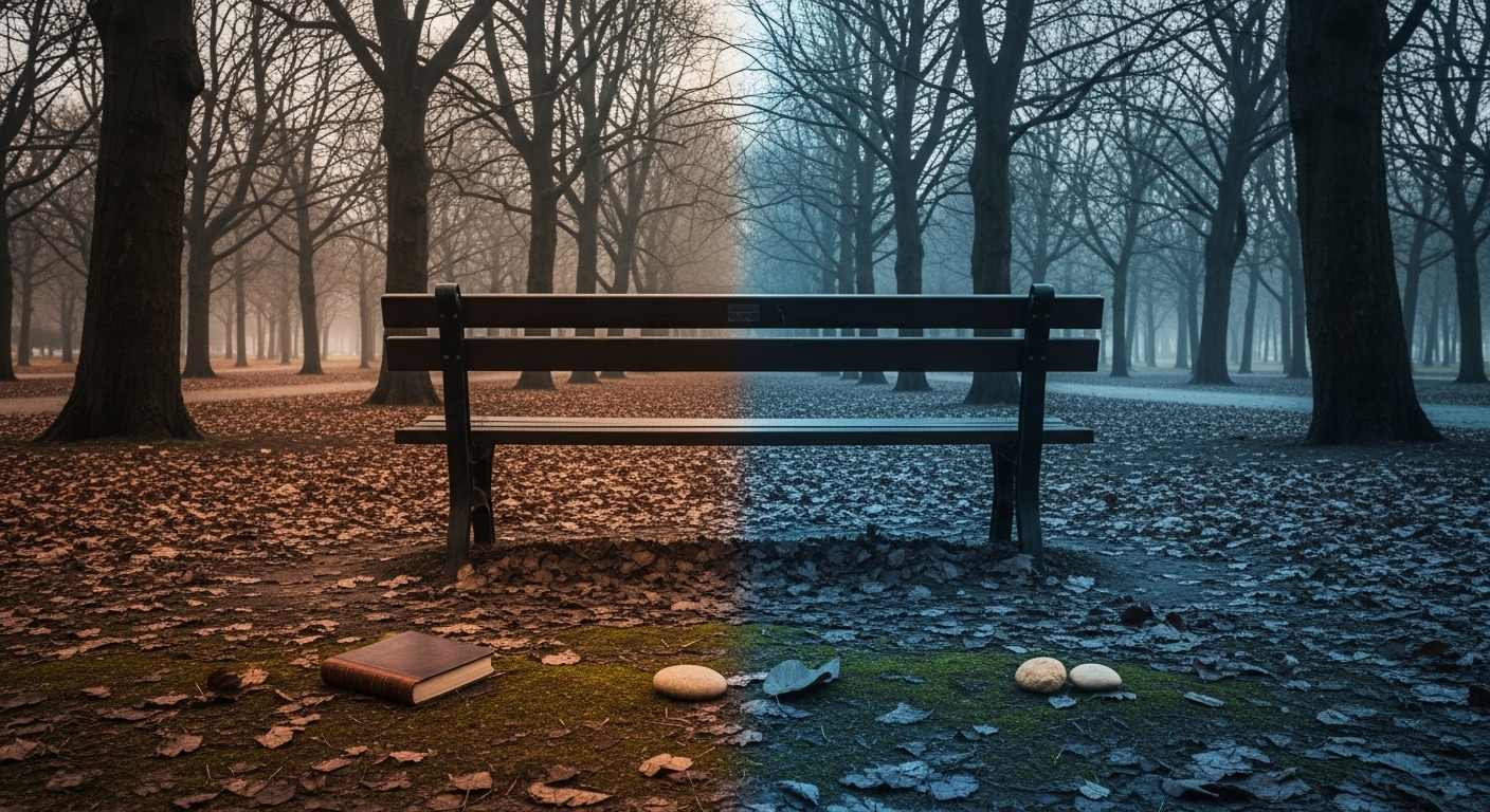 A long empty wooden bench in a quiet European park at dusk, autumn leaves scattered around it under soft fading light — a visual marker for the distance between adult children and parents measured across Germany in Arránz Becker and Hank's population study of estrangement.