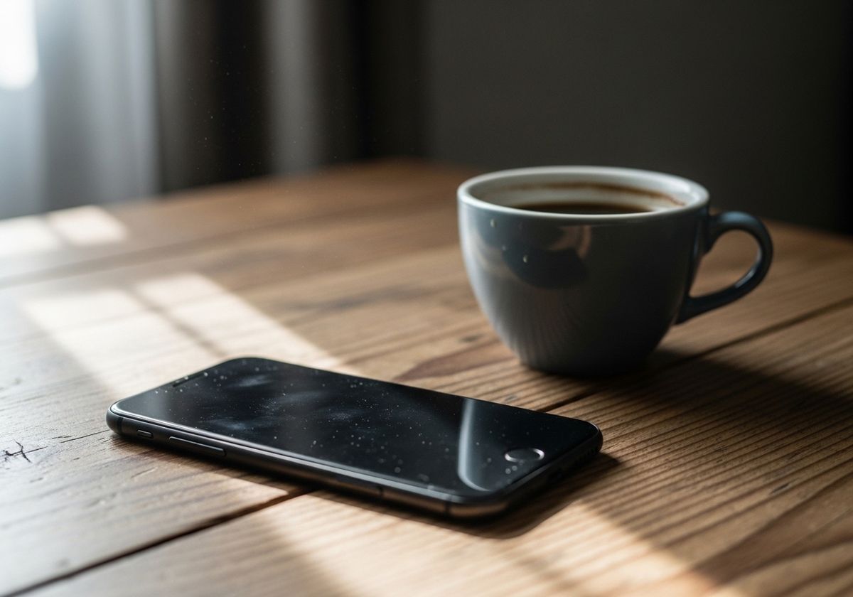 A single smartphone lying face-down on a wooden table beside a window in soft daylight, a cold cup of coffee nearby — a quiet editorial image of a phone call left unmade and contact gone quiet between a parent and an adult child.