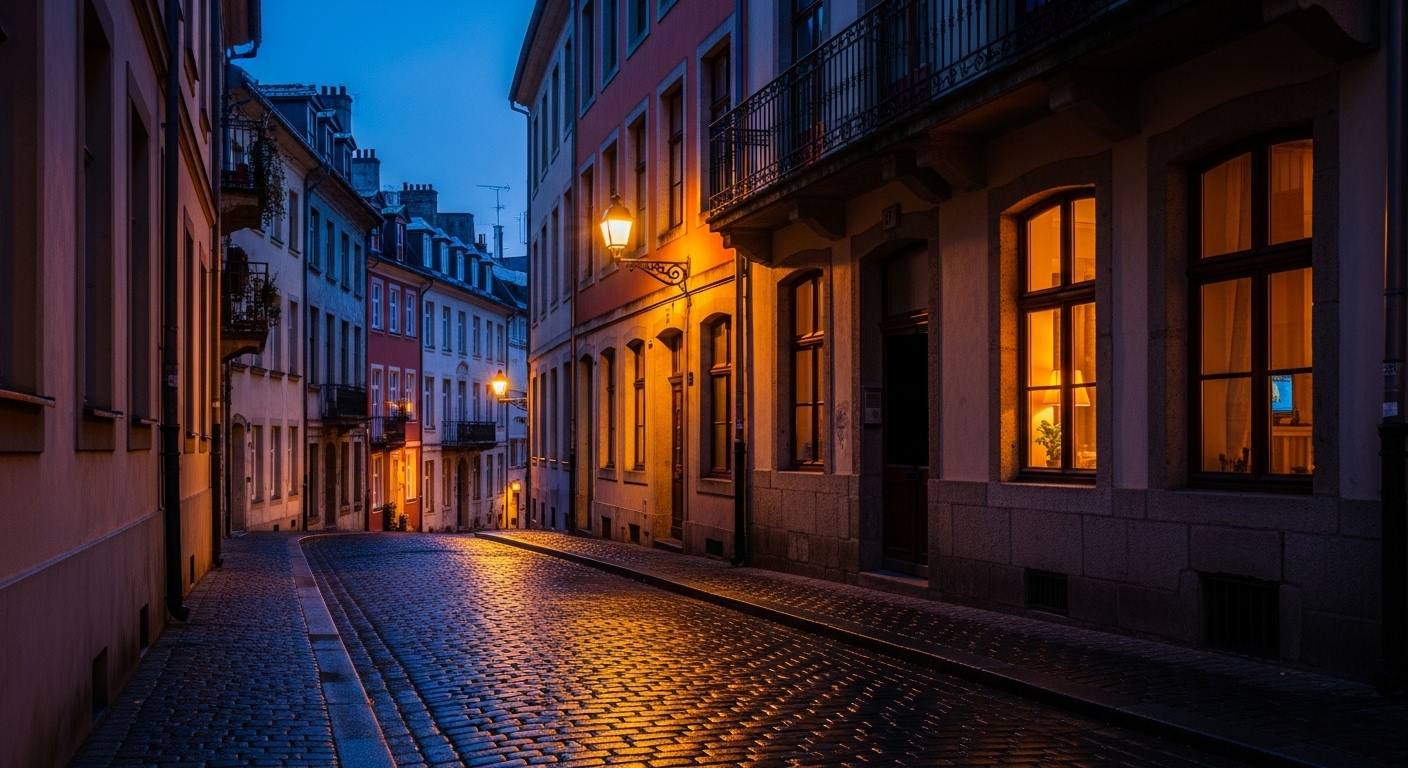 A quiet European city street at dusk with warm lights coming on in apartment windows, one window dark among them, soft blue evening tones — a contemplative editorial image of distance and connection across a family.
