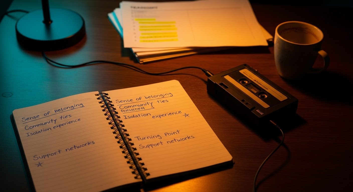 An editorial photograph of an open notebook on a wooden desk in warm amber lamplight, with seventeen handwritten phrases listed in two columns and a small audio-recorder beside the page — a visual metaphor for the qualitative interview methodology that produced Baker's seventeen-strategies typology from forty adult-recall conversations.