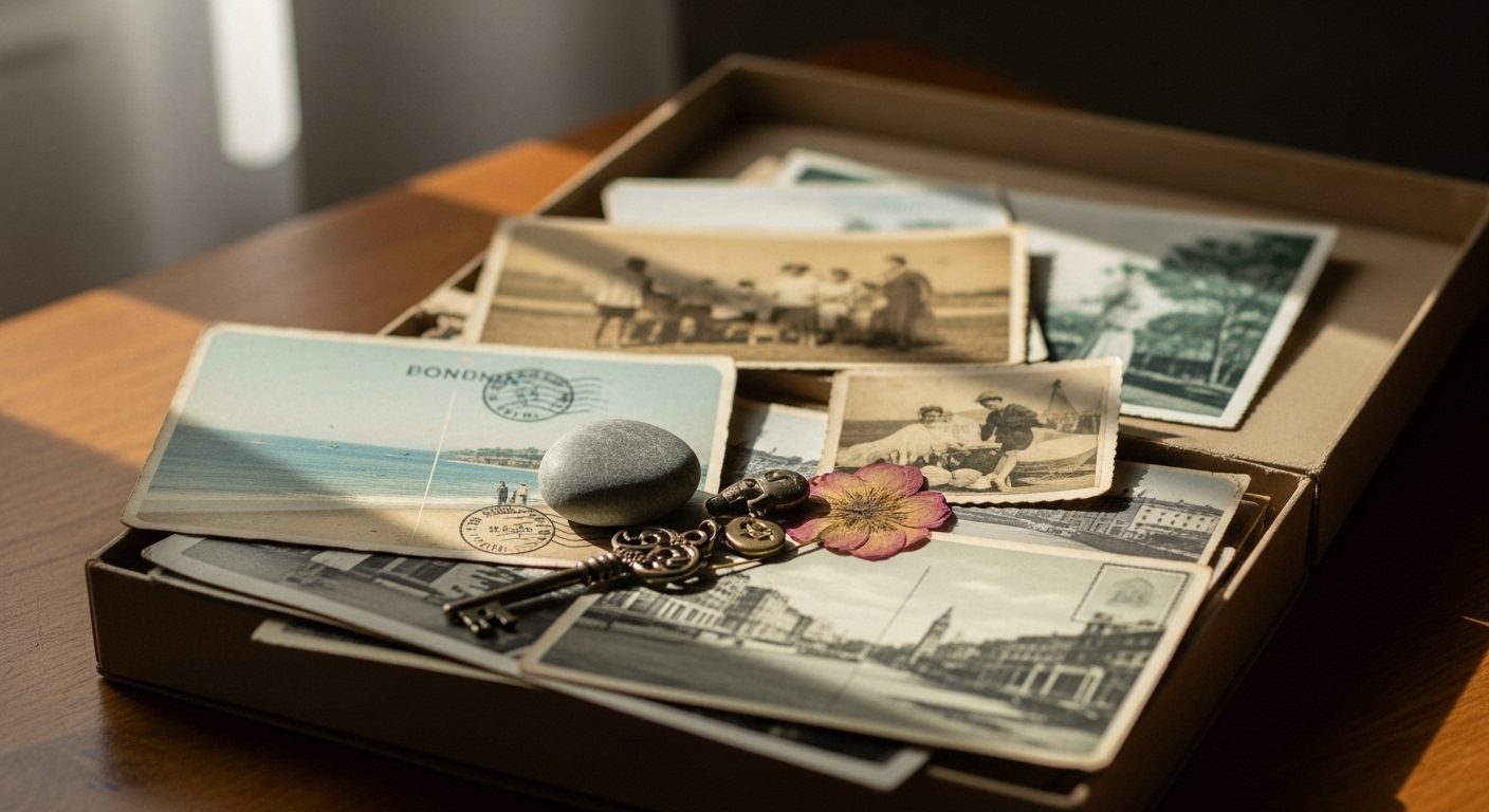 An open shoebox of old childhood photographs and keepsakes on a table in soft light — a visual marker for a study based on adults recalling their childhood experiences.