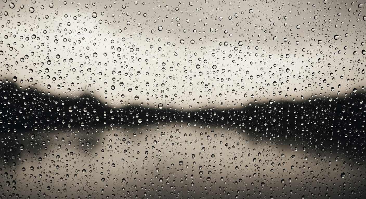 A rain-streaked window with soft, diffuse daylight beyond it — a visual marker for the uncertainty of memory and the limits of looking back at childhood.