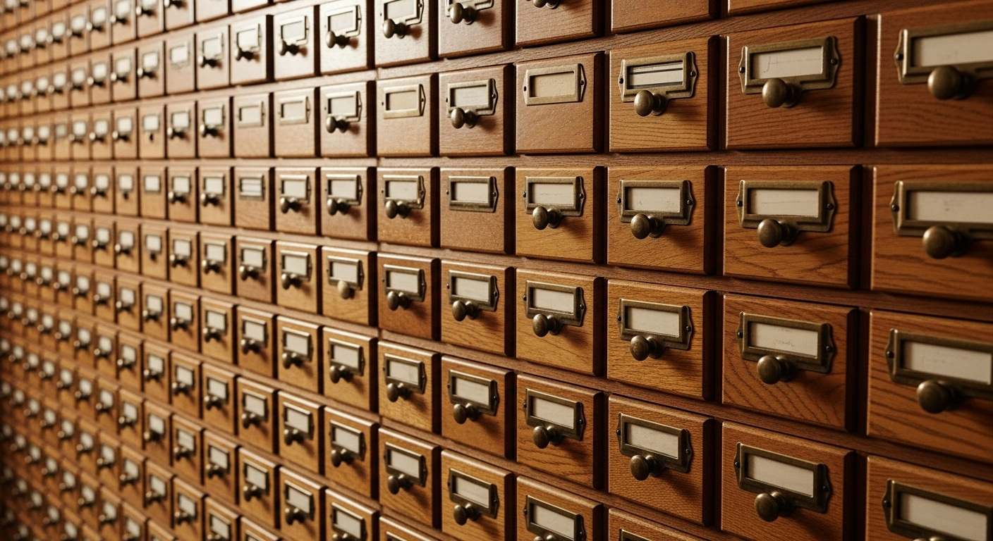 A wall of small wooden index-card catalogue drawers with brass label holders, in soft daylight — a quiet image of a classification system, and the question of whether a contested idea belongs inside one.