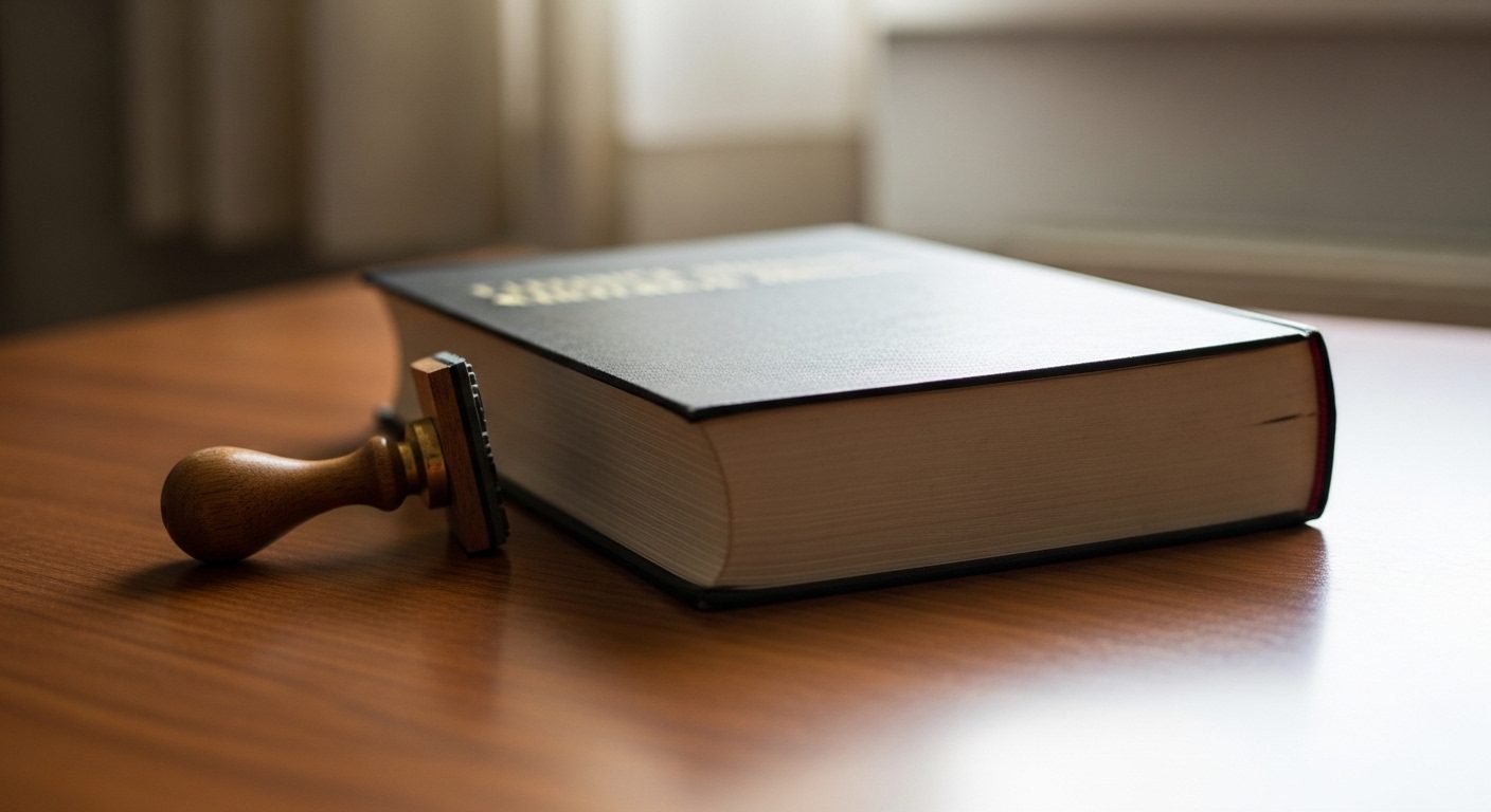 A thick clinical diagnostic manual lying closed on a desk beside an unused rubber stamp in cool daylight — a visual marker for a formal proposal that was weighed by the manuals and not adopted.