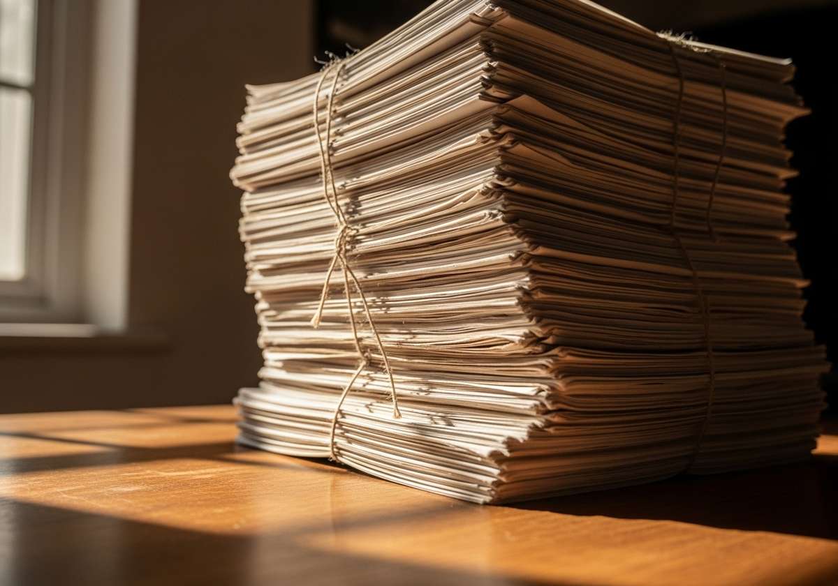 A tall bound stack of manuscript pages tied with string resting on a desk in soft light — a visual marker for the unusually long, book-length 2010 proposal document.