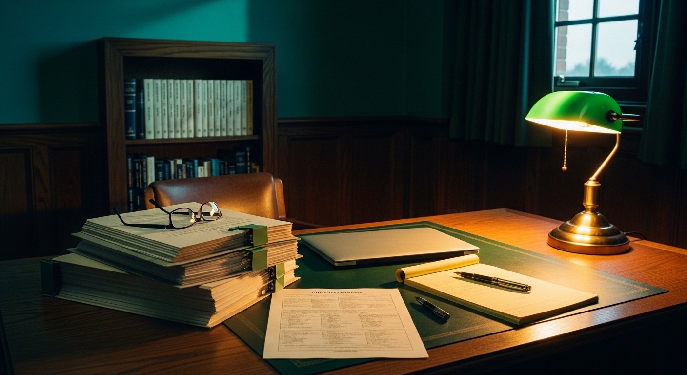 An editorial photograph of a forensic-mental-health clinician's wood-panelled office at the end of an evaluation day in soft amber lamplight under deep teal evening shadow — a stack of paper case files in cream covers, a closed laptop, a printed PARQ questionnaire form with handwritten margin notes, a yellow legal pad with a fountain pen across it, a pair of folded reading glasses, and a brass desk lamp casting a warm pooled circle of honey light — a visual marker for the case-control validation methodology Bernet, Gregory, Rohner and Reay used in their 2020 PARQ-Gap paper.