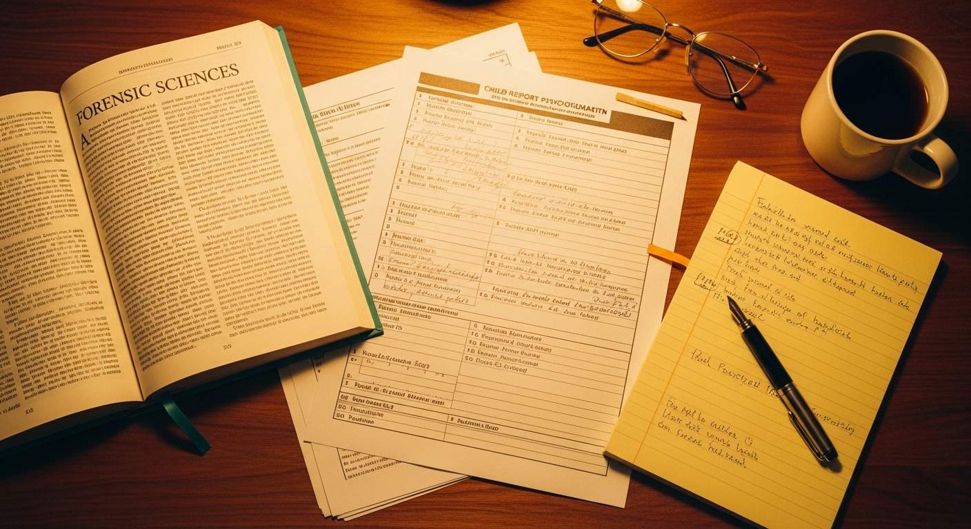 An editorial flat-lay photograph from directly above of a forensic-psychiatry clinician's working materials in soft amber lamplight — an open hardback Journal of Forensic Sciences volume, a printed PARQ questionnaire form with handwritten margin notes, a yellow legal pad with a fountain pen across it, a pair of reading glasses, and a cream ceramic mug — a visual marker for the case-control instrument-validation methodology Bernet, Gregory, Rohner and Reay used to introduce the PARQ-Gap score in 2020.