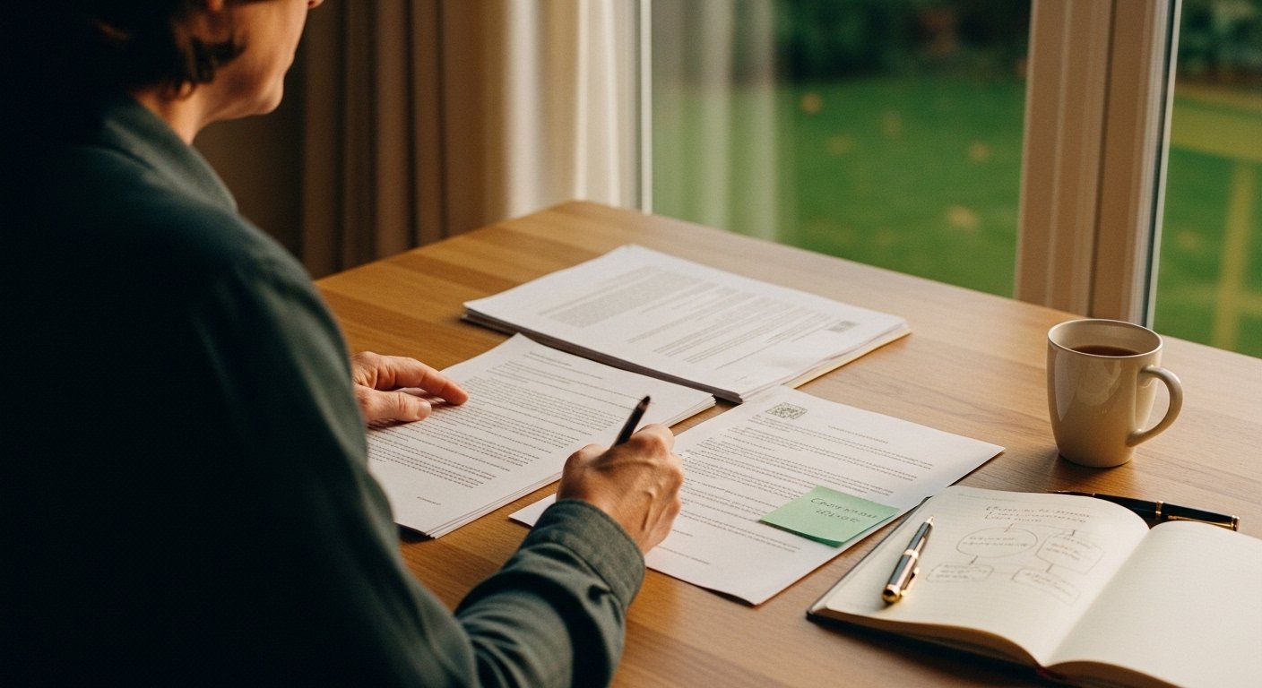 An editorial photograph of a UK alienated parent sitting at a wooden kitchen table at home in soft golden-hour light, reading through a stack of US peer-reviewed research papers and the FJC December 2024 guidance side by side, with handwritten margin notes and a fountain pen on a notebook — a visual marker for the UK reader bridging US instrument-validation research onto UK family-court practice under the FJC 2024 framework.