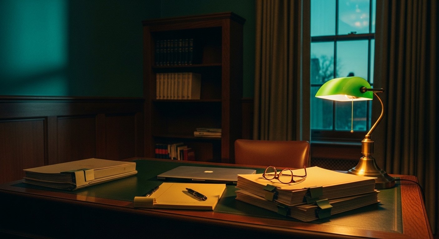 An editorial photograph of a US child custody evaluator's wood-panelled office in soft amber lamplight at the end of an evaluation day — paper case files in cream covers stacked on a desk, a closed laptop, a fountain pen on a yellow legal pad, a brass desk lamp casting warm pooled light — a visual marker for the working US custody evaluators surveyed in the Bernet, Baker and Adkins 2022 definitional-consensus paper.
