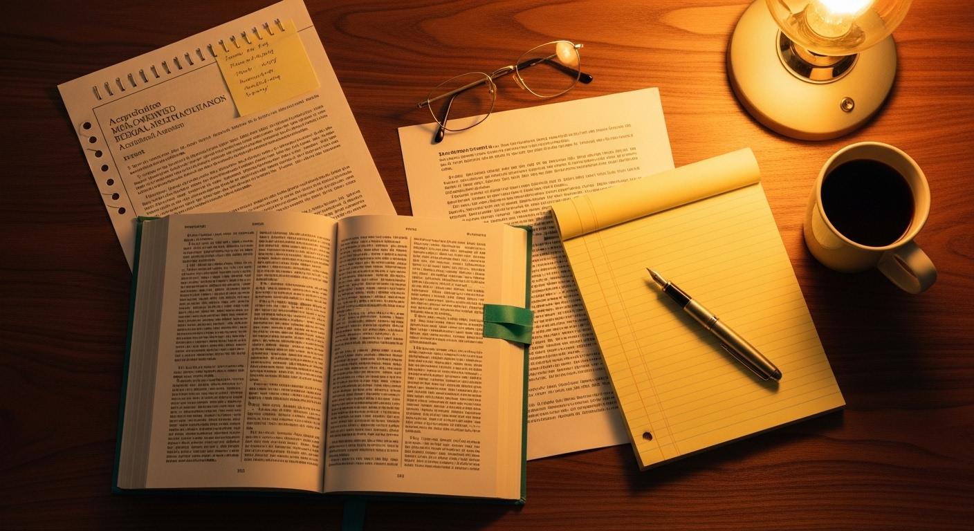 An editorial flat-lay photograph from directly above of a US forensic-mental-health evaluator's working materials in soft amber light — an open hardback DSM-5-TR, a printed peer-reviewed paper with handwritten margin notes, a yellow legal pad with a fountain pen resting across it, a pair of reading glasses, and a coffee mug — a visual marker for the 119 working US child custody evaluators surveyed by Bernet, Baker and Adkins in their 2022 definitional-consensus paper.