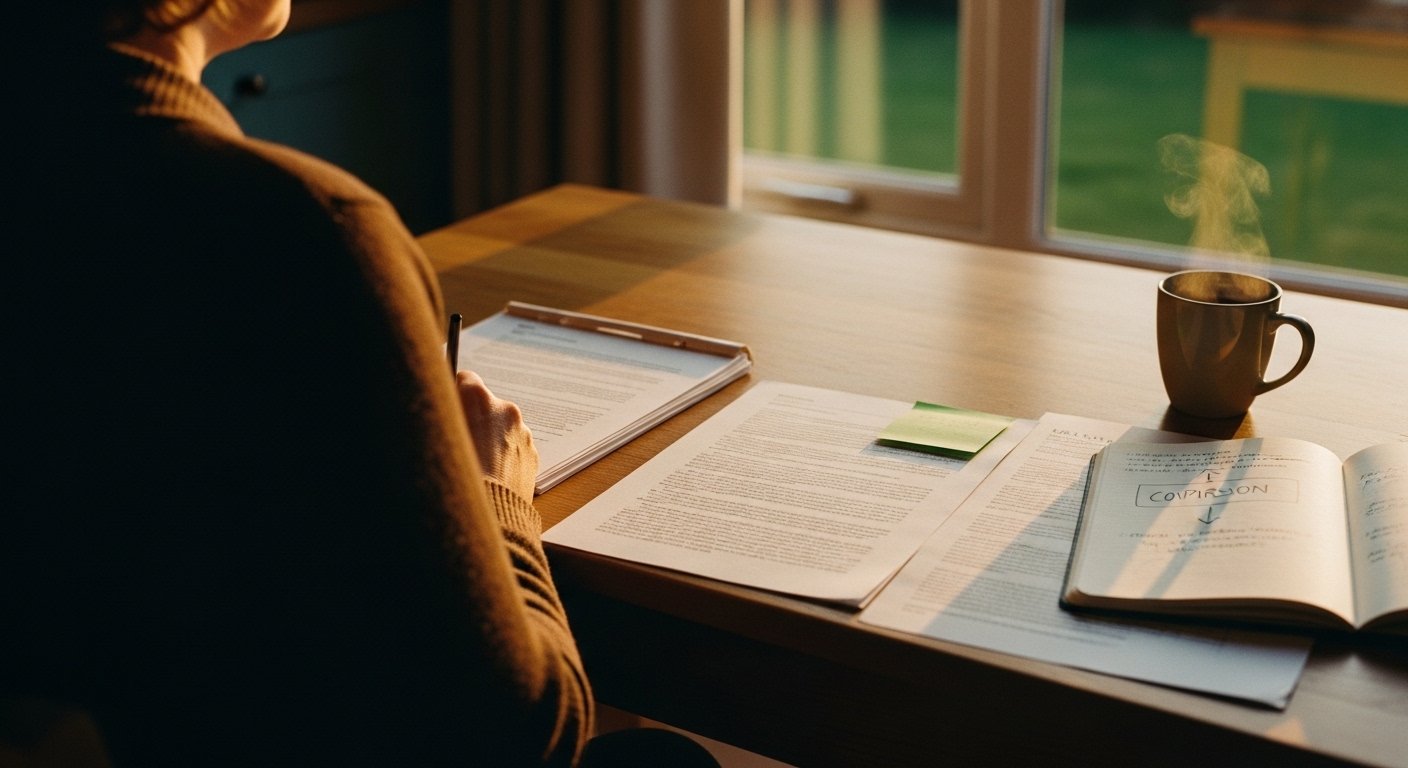 An editorial photograph of a UK alienated parent sitting at a wooden kitchen table at home in soft golden-hour light, reading through a stack of US research papers and the FJC December 2024 guidance side by side, with a notebook and a fountain pen — a visual marker for the UK reader bridging US definitional research onto UK family-court practice.