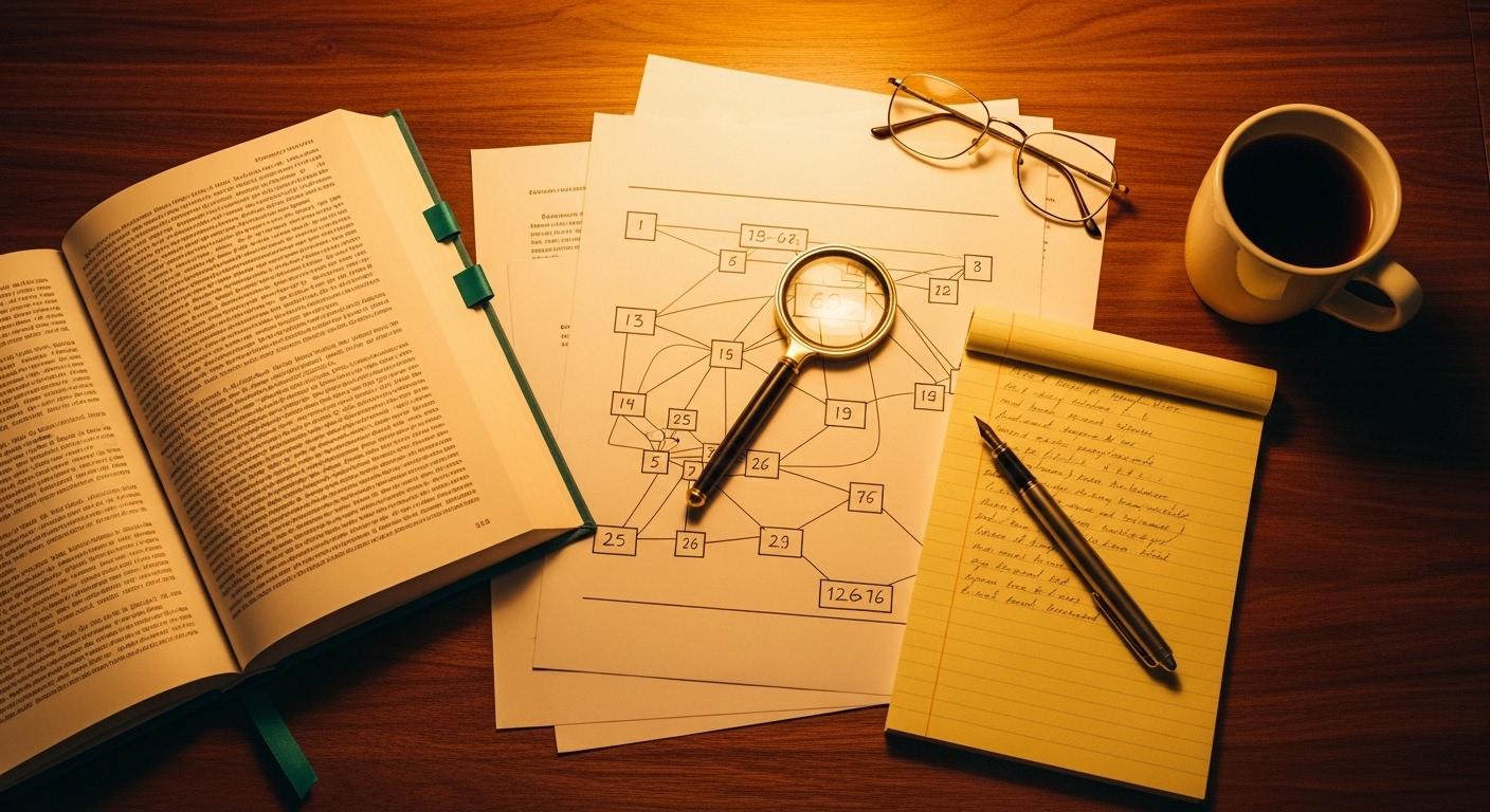 An editorial flat-lay photograph from directly above of a university-library bibliometric researcher's desk in soft amber lamplight — an open hardback Behavioral Sciences & the Law journal volume, a printed network diagram with hand-drawn connecting lines marking citations between nodes, a yellow legal pad with a fountain pen across it, a magnifying glass, and a cream ceramic mug — a visual marker for the citation-analysis methodology Bernet and Xu used to map 94 publications carrying parental-alienation misinformation.