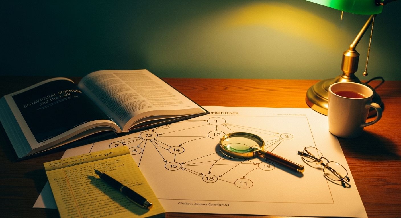An editorial photograph of a university-library bibliometric researcher's desk in soft amber lamplight at the end of a working day — an open hardback Behavioral Sciences & the Law journal volume, a printed academic citation-network diagram with hand-drawn pencil lines marking citations between numbered nodes, a yellow legal pad with handwritten notes, a brass desk lamp casting warm pooled light, and a small magnifying glass resting on the diagram — a visual marker for the citation-analysis methodology that mapped 94 documents and 411 citations propagating one specific claim about parental-alienation theory across 28 years.