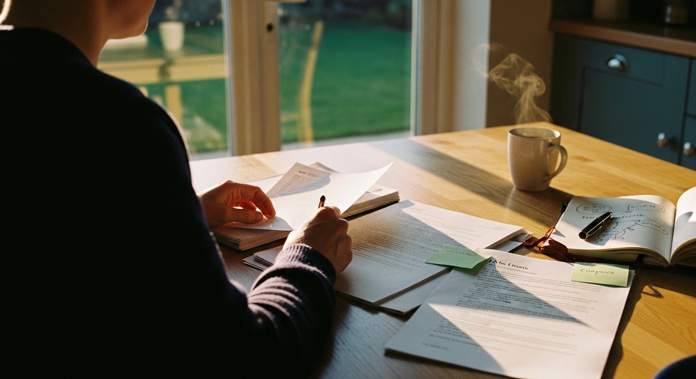 An editorial photograph of a UK alienated parent sitting at a wooden kitchen table at home in soft golden-hour light, reading through a stack of US peer-reviewed research papers and the FJC December 2024 guidance side by side, with handwritten margin notes and a fountain pen on a notebook — a visual marker for the UK reader bridging US academic citation-analysis research onto UK family-court practice under the FJC 2024 framework.