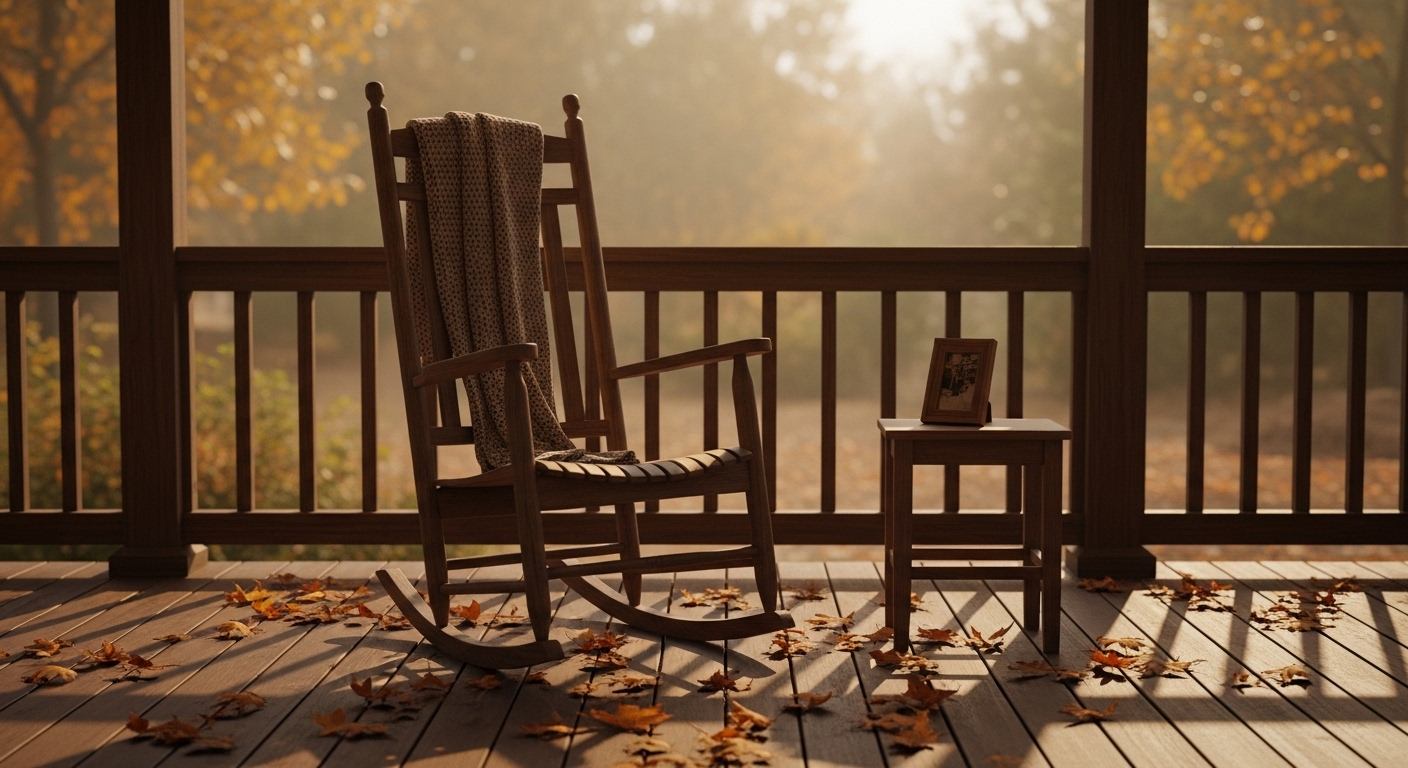 An editorial photograph of an empty wooden rocking chair on a quiet front porch in soft late-afternoon autumn light, with fallen leaves on the wooden boards and a small framed photograph face-down on the small side table — a visual marker for grandparent alienation as the absence of a relationship that is still hoped-for, the loss the wider family carries when the same alienating behaviours travel beyond the parent dyad.