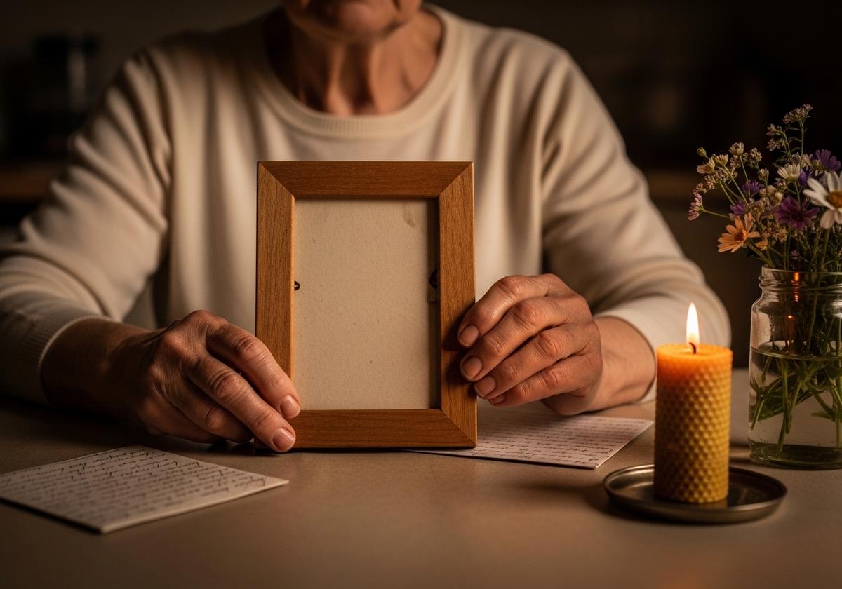 An older woman's gently weathered hands cradling a small empty wooden picture frame on a kitchen table by candlelight, with a folded handwritten letter and a posy of wildflowers in a glass jar nearby — a quiet editorial image standing in for the love that grandparent alienation tries, and ultimately fails, to extinguish; the empty frame waiting for the photograph that has not yet come.