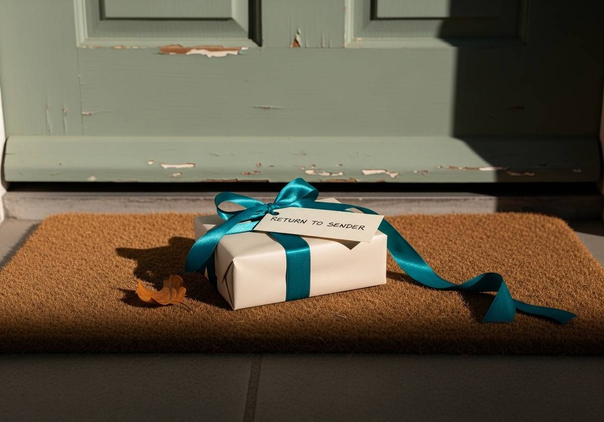 A wrapped birthday gift box, returned unopened on a doormat with a hand-written 'Return to Sender' note attached, photographed in soft daylight on a quiet front porch — a tactile editorial detail standing in for the ordinary, repeated rejections that grandparents in the Bounds and Matthewson sample described.