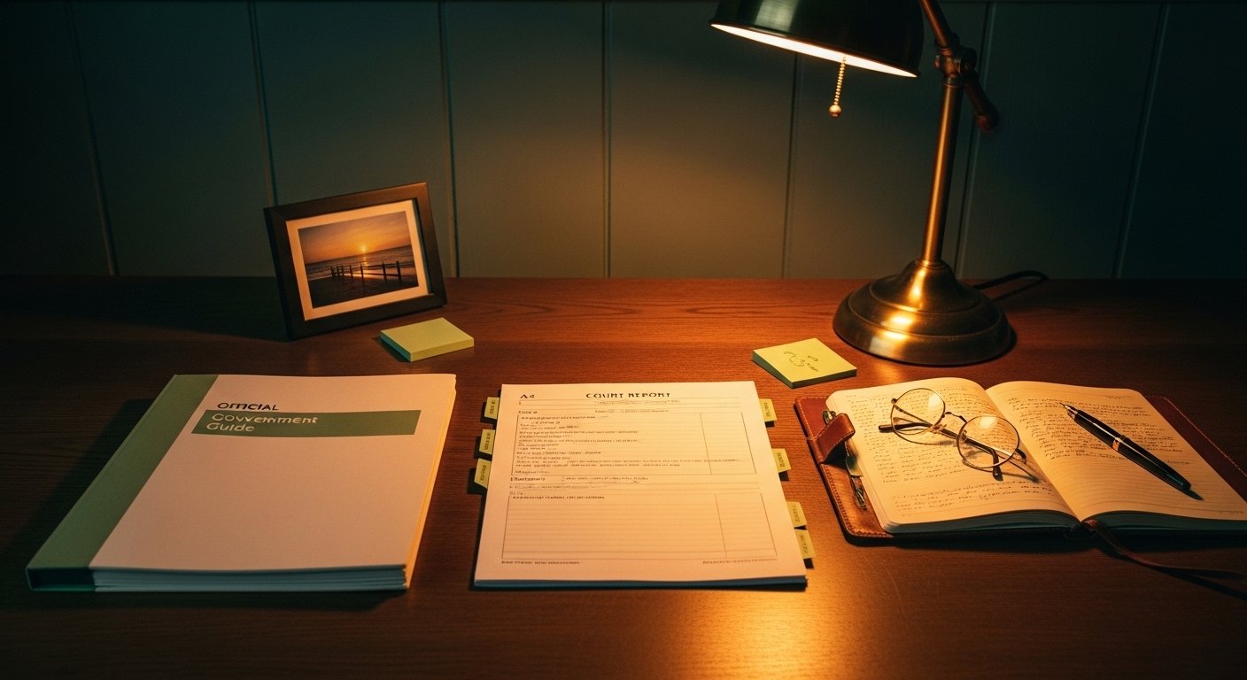 An editorial photograph of a UK Cafcass Family Court Adviser's wooden desk in soft amber lamplight at the close of the working day — a printed copy of the July 2025 Cafcass guide, a marked-up Section 7 report template, an open notebook and a pair of reading glasses, with no people in frame.