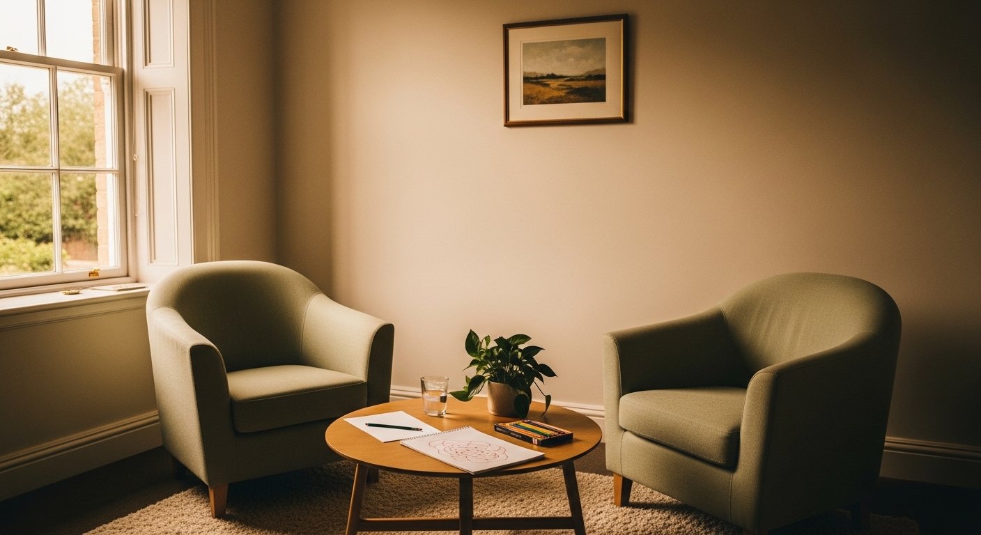 An editorial photograph of a small UK Cafcass-style interview room — two empty soft chairs facing each other beside a small wooden table with a child-friendly drawing pad and pencils, daylight through a sash window, soft sage and ivory tones — a visual metaphor for the Family Court Adviser's first meeting with a child to understand what is happening for them.