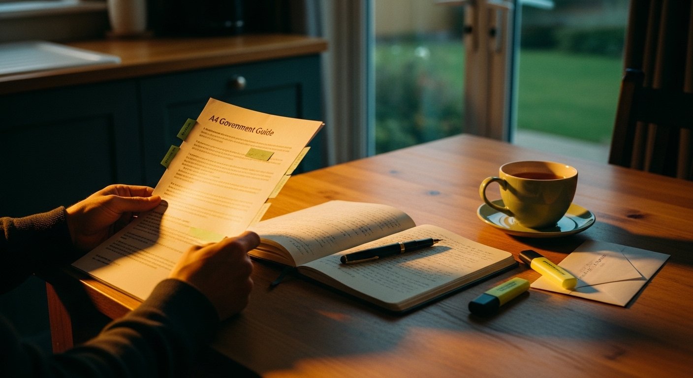 An editorial photograph of a parent's hands at a wooden kitchen table at home in soft golden-hour light, holding a printed copy of the Cafcass July 2025 guide annotated with sage-green sticky tabs and pencil margin notes, alongside an open notebook with handwritten preparation notes, a fountain pen and a ceramic cup of tea — a visual metaphor for an alienated parent reading the operational guidance once before meeting the Family Court Adviser.