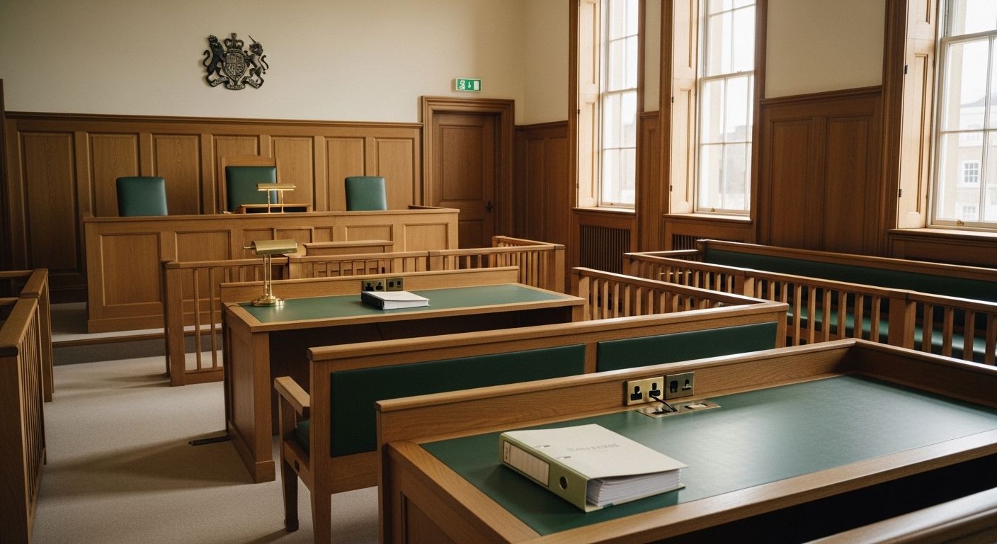 An editorial photograph of an empty UK family-court hearing room from the gallery in soft afternoon daylight — pale wood-panelled walls, a raised judge's bench with a single bound case file resting on the wooden surface, two empty counsel benches facing the bench, a cream-coloured carpet, and tall sash windows letting in soft natural light — no people, no faces — a visual marker for the family-court hearing where the Section 7 report's recommendation gets engaged and decided.