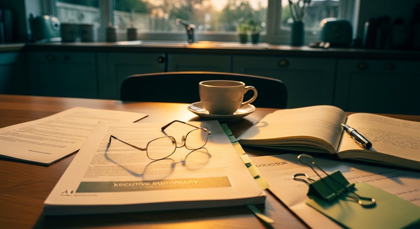 An editorial photograph of a printed UK Section 7 welfare report on a wooden desk in soft golden-hour light — cream A4 cover with a small sage-green tab marking the executive summary, a pair of reading glasses resting across the page, an open notebook with handwritten margin notes, a fountain pen and a half-full ceramic cup of tea — a visual marker for the moment an alienated parent reads the Cafcass Family Court Adviser's recommendations a few days before the next hearing.