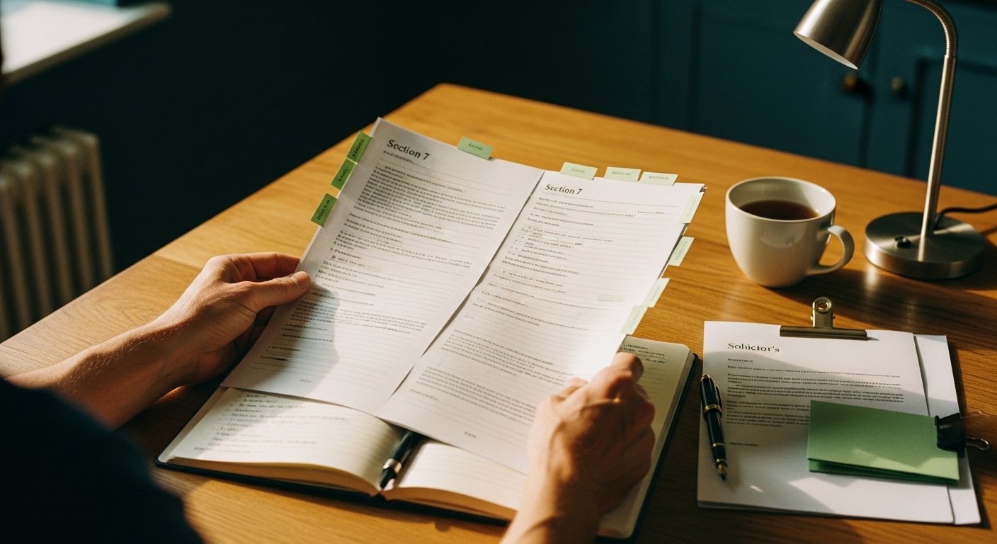 An editorial photograph of an alienated parent's hands at a wooden kitchen table in soft daylight, holding a printed multi-page Section 7 report annotated with sage-green sticky tabs and pencil margin notes — alongside an open notebook with bullet-point response notes, a fountain pen, a folded letter from the solicitor, and a half-full ceramic cup of tea — no faces, no children, no legible text on any document — a visual marker for the structured response work an alienated parent does in the few days between the Section 7 report landing and the next hearing.
