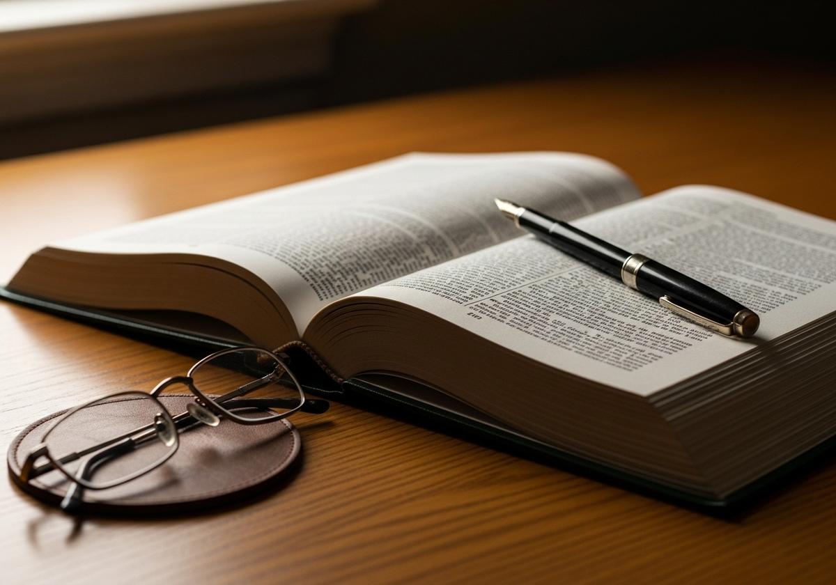 An open hardback legal reference book lying on a warm oak desk beside folded reading glasses and a fountain pen in soft window light — a quiet editorial image of the canonical American Bar Association text consulted carefully.