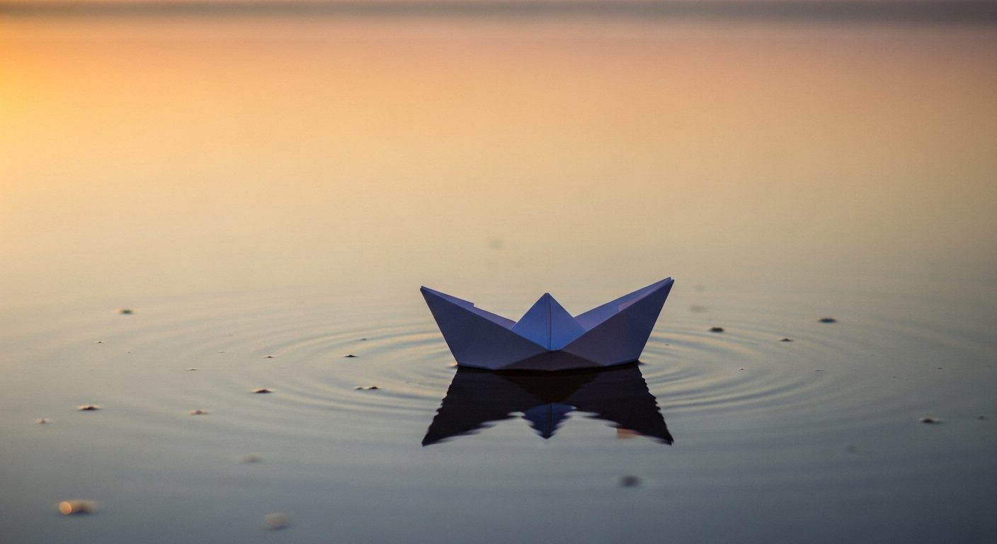 A single small folded paper boat floating on calm still water at first dawn light, soft golden and blue tones — a quiet editorial image of fragile hope and the possibility of a child finding their way back.