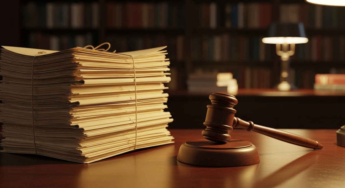 A wooden judge's gavel resting on a tall stack of manila family-court case files tied with string in a quiet law library under warm lamplight — a visual marker for Clawar and Rivlin's American Bar Association study of more than a thousand court cases of programmed children.