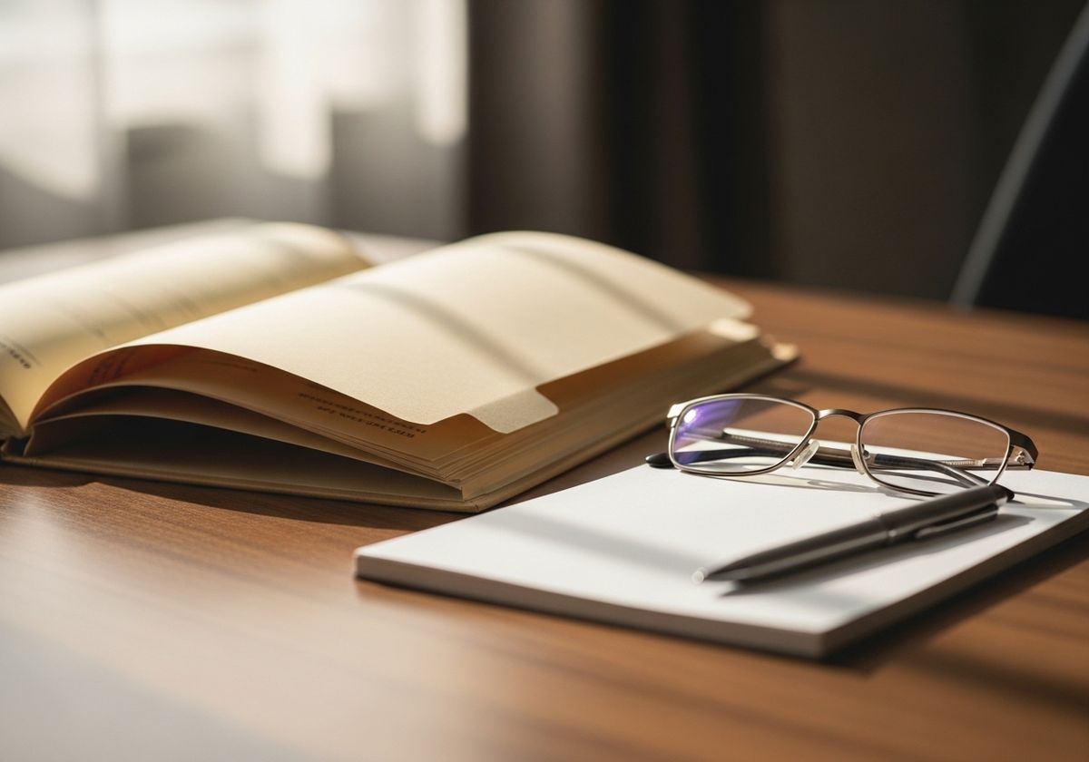 A custody evaluator's desk in soft daylight — an open case folder, a notepad, and reading glasses — a visual marker for the careful, structured assessment the decision tree calls for.
