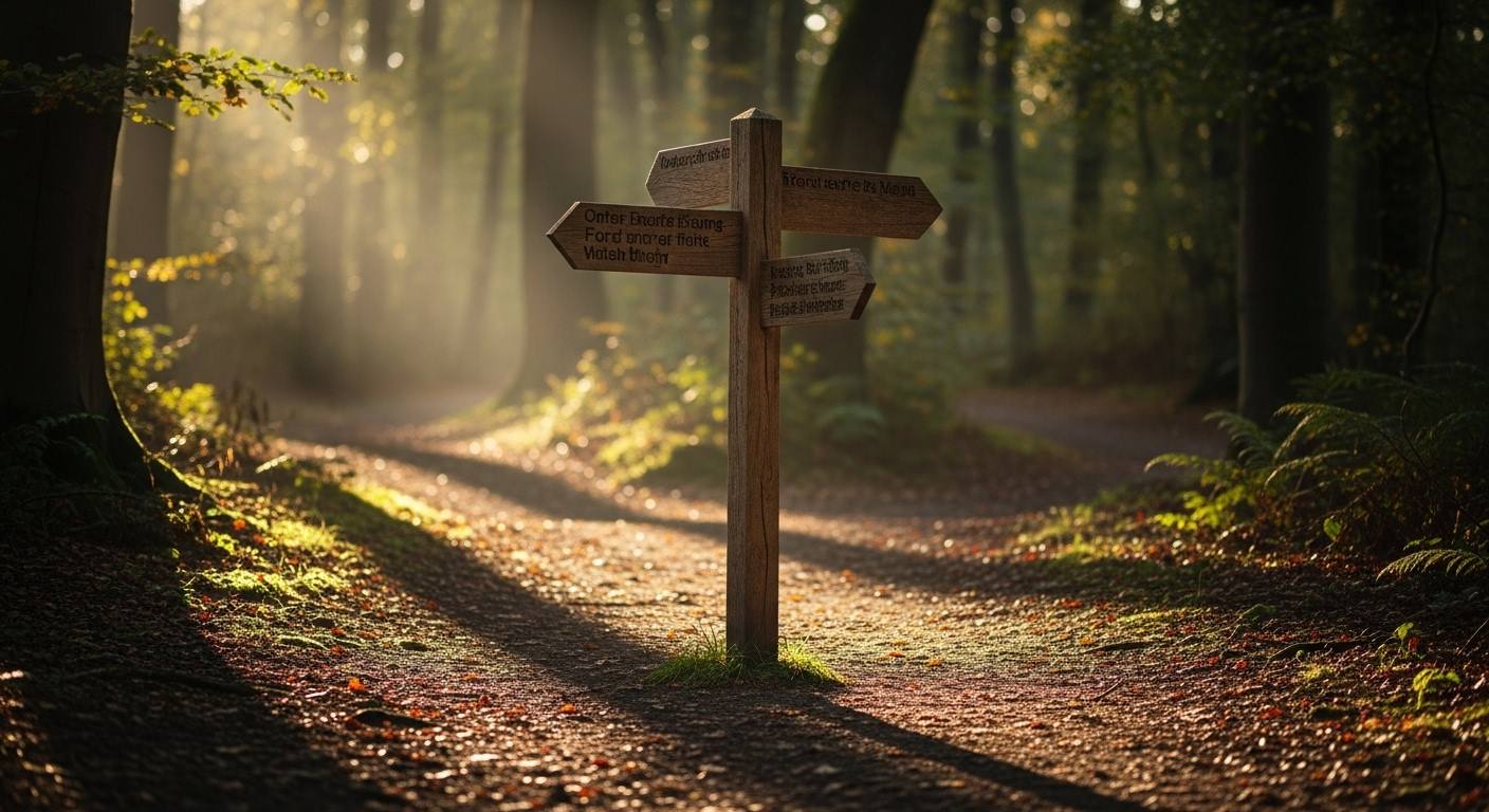 A wooden signpost at a fork in a woodland path pointing in several directions in soft daylight — a visual marker for a decision tree that separates the possible reasons a child rejects a parent.