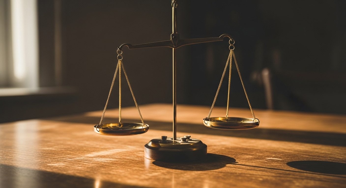 A pair of antique brass balance scales resting level on a wooden desk in soft light — a visual marker for weighing abuse and alienation as each real, rather than choosing between them.