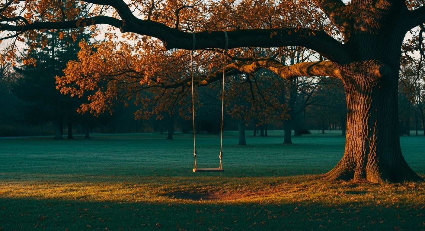 An empty child's swing at dusk in a deserted park — a visual metaphor for the unseen harm of parental alienation, the subject of the 2018 Harman, Kruk & Hines Psychological Bulletin review.