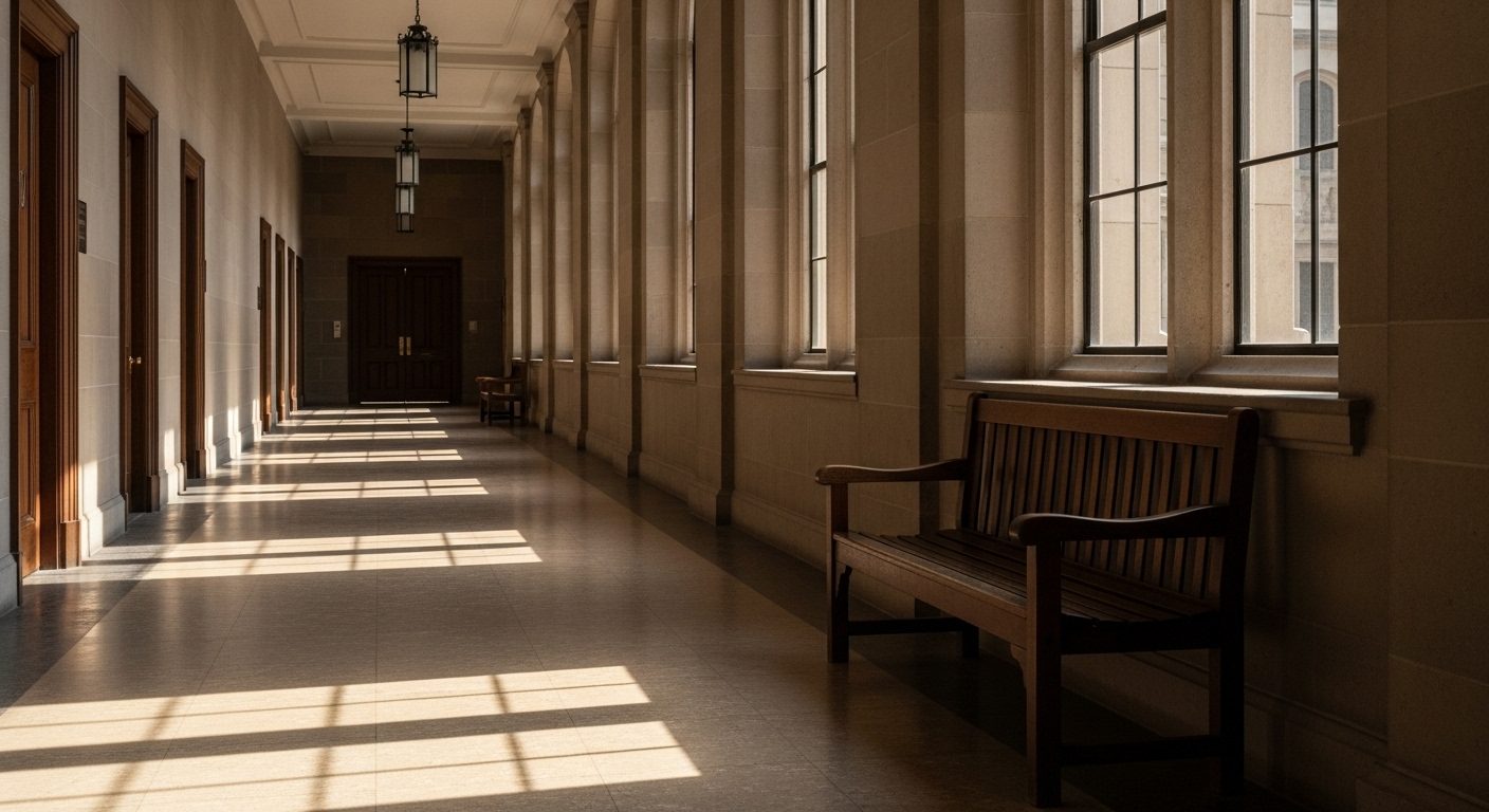 An empty courthouse corridor with tall windows and soft daylight falling across a polished floor, a single wooden bench against the wall — a quiet image of the family-court setting where these difficult decisions are weighed.