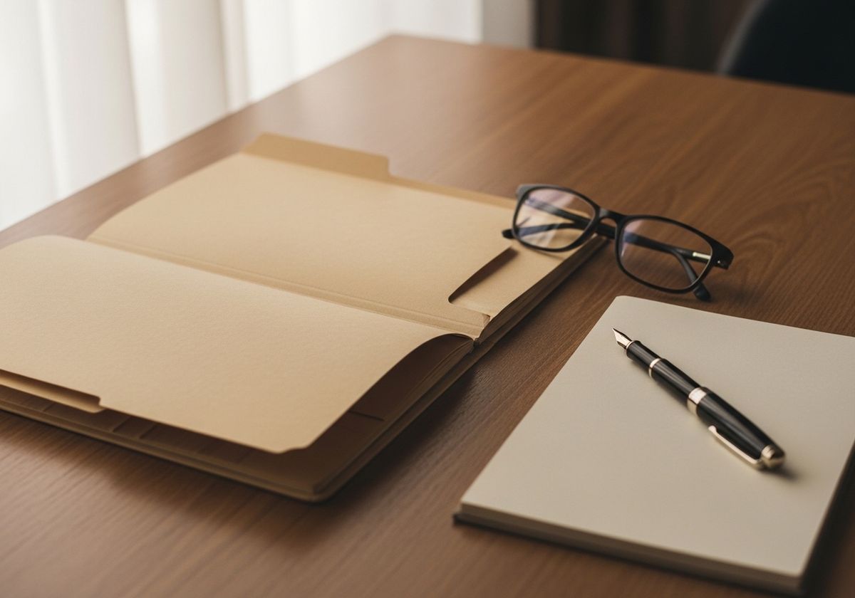An assessor's desk in soft daylight — an open case folder, reading glasses, a fountain pen and a notebook — a quiet image of the careful differential assessment the paper calls for.