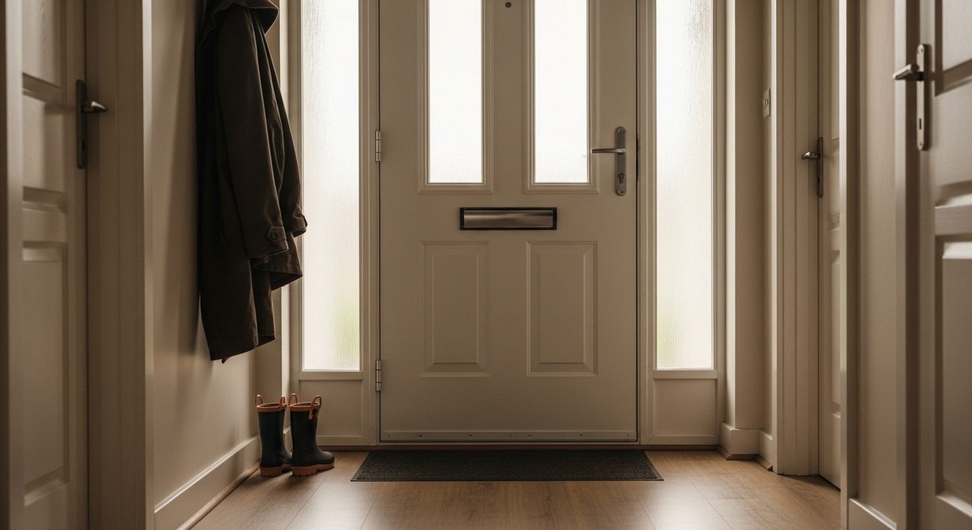 A pair of small child's boots left by a front door beside an adult's coat on a hook, in quiet daylight — a visual marker for a child who resists or refuses contact with a parent after separation.