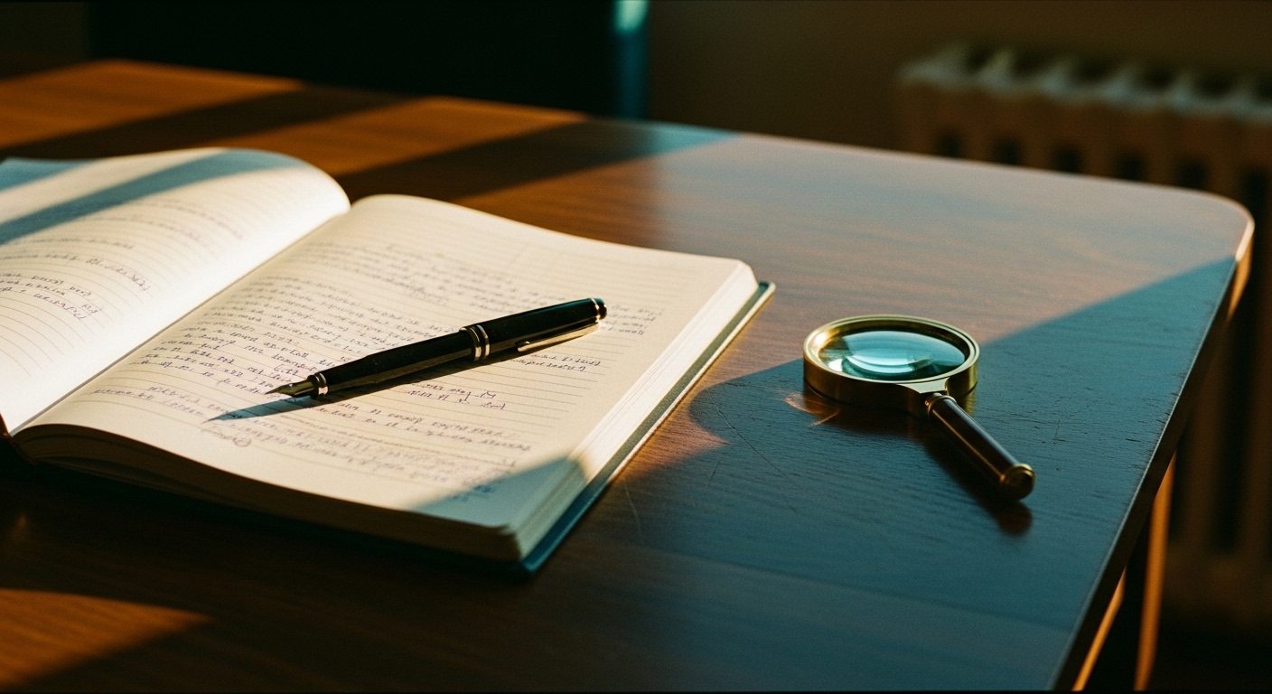 An editorial photograph of a clinician's wooden desk in a quiet consulting room at golden hour. On the desk: a thick open clinical casefile with handwritten notes, a fountain pen resting on top, and a small magnifying glass. Soft amber and honey light, deep teal shadows. The composition conveys the careful, evidentiary work of clinical assessment — the weight of getting a diagnosis right when a child's relationship with a parent depends on it.