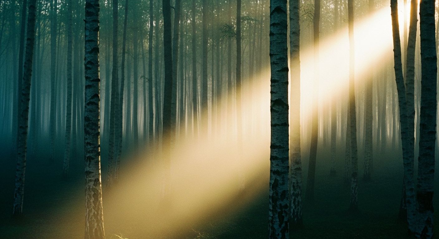 A single clear shaft of sunlight breaking through mist in a forest — a visual metaphor for the diagnostic clarity the Five-Factor Model brought to parental alienation assessment, proposed by Bernet & Greenhill in their 2022 JAACAP commentary.