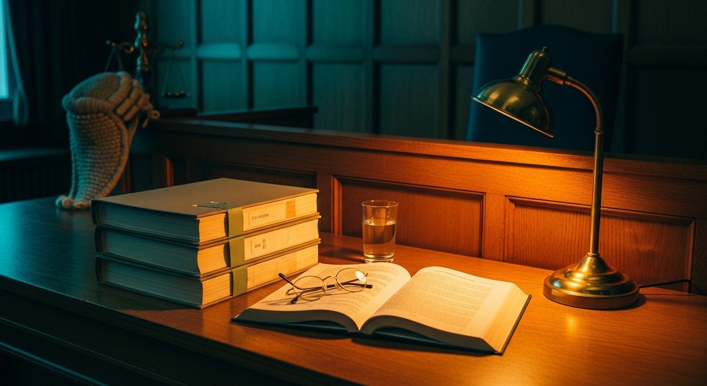 An editorial photograph of a UK family-court bench in soft amber lamplight, with a stack of bound case files, a single open law report, a pair of reading glasses resting across the open page, and a glass of water — a visual metaphor for the judicial fact-finding process the December 2024 Family Justice Council guidance describes for England and Wales family courts.