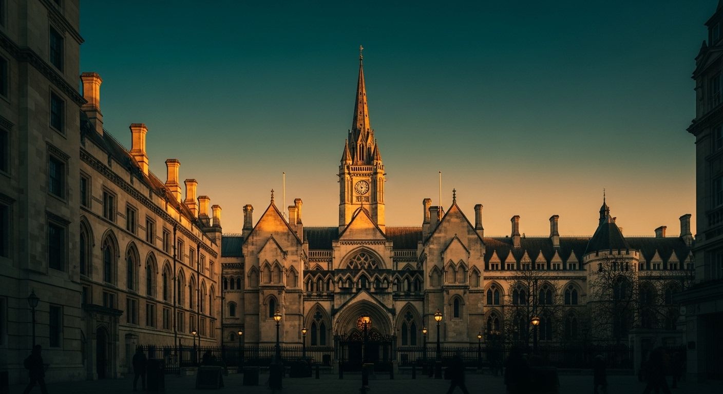 An editorial photograph of the Royal Courts of Justice on the Strand at golden-hour twilight under a teal-indigo sky — a visual marker for the December 2024 Family Justice Council guidance that now governs how UK family courts in England and Wales respond to allegations of alienating behaviour by a parent.