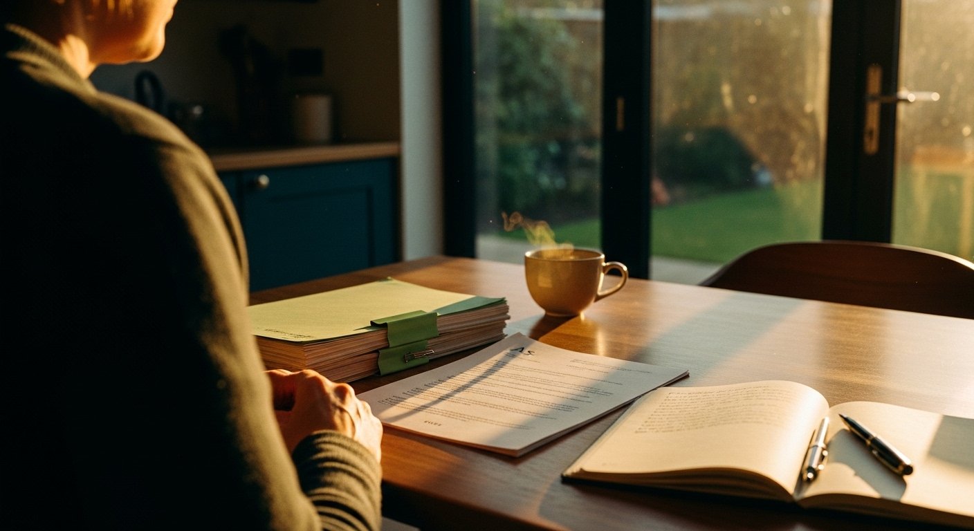 An editorial photograph of a parent sitting alone at a wooden kitchen table at home in soft golden-hour light, reading through a stack of legal documents and a printed copy of the FJC December 2024 guidance, with a cup of tea and a notebook with handwritten margin notes — a visual metaphor for the patient self-education an alienated parent undertakes when navigating UK family-court proceedings.