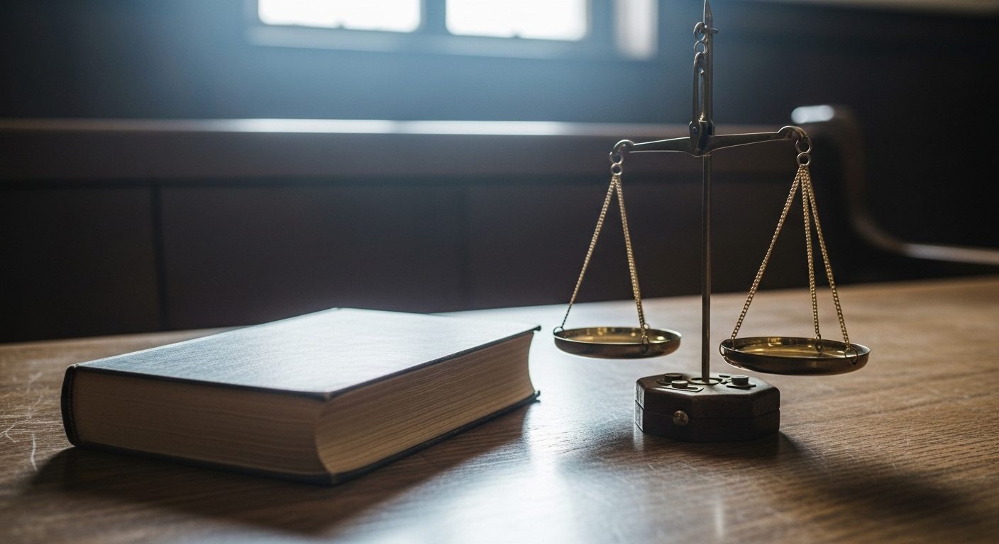 An old hardback clinical textbook closed on a courtroom bench in cool daylight beside a set of brass scales of justice slightly out of balance — a visual marker for the contested origin of parental alienation syndrome and the long debate over its scientific standing.